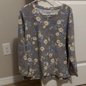 croft & barrow Gray Long Sleeve Floral Tee with Blue and Yellow Flowers
